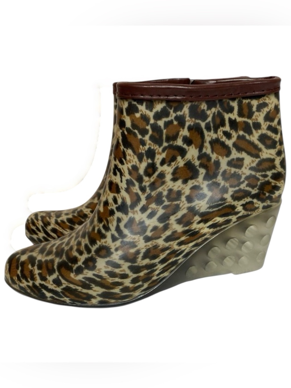 Leopard Print Waterproof Rain Booties Wedge Heel Ankle Boots 8.5